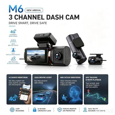 3-kanaals AI 4G Dash Camera 4K Front, ADAS & DMS, GPS-tracking, 24/7 parkeermonitor
