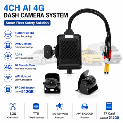 4-kanaals AI Intelligente 4G Dash Camera, ADAS + DMS + BSD Active Safety,1080P+720P Opname voor taxi's