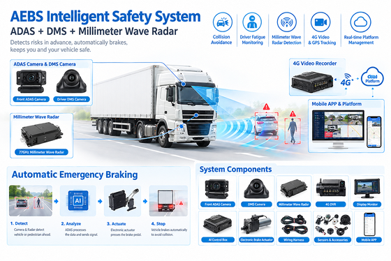 AEBS-systeem met 77 GHz millimetergolfradar ADAS + DMS en 4G/5G-connectiviteit voor vloottelematica