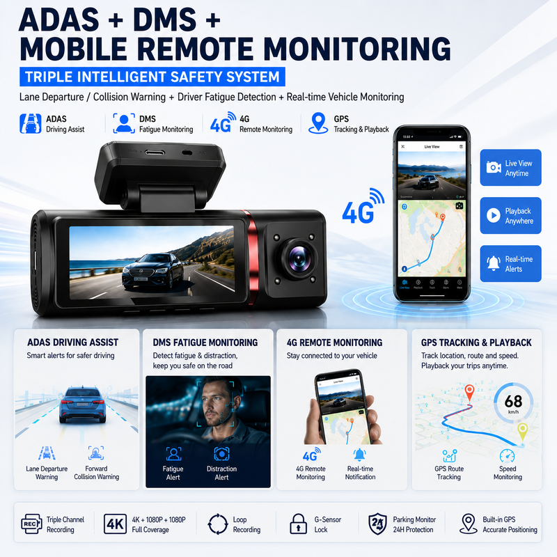 3-kanaals AI 4G Dash Camera 4K Front, ADAS & DMS, GPS-tracking, 24/7 parkeermonitor