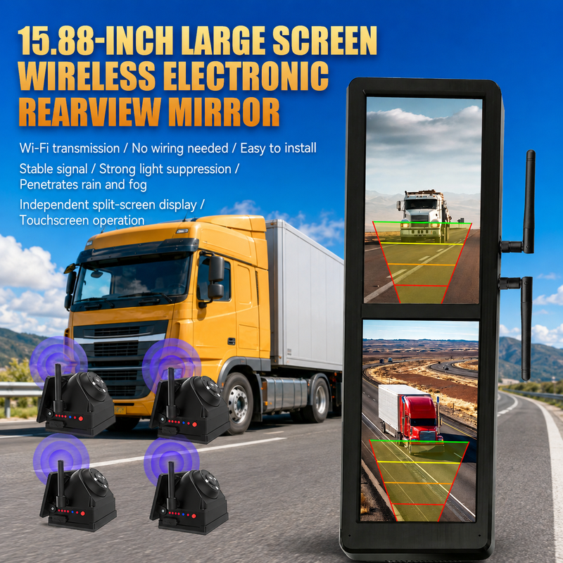 15.88 inch touchscreen draadloze elektronische achteruitkijkspiegel met 4 zonne-magnetische camera's Split Screen BSD voor zware vrachtwagens